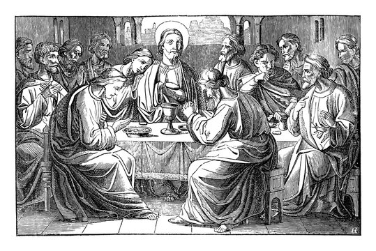 Jesus and the Last Supper. Twelve apostles or disciples are eating final meat. Basis of the Eucharist.Vintage antique drawing. Bible, New Testament.
