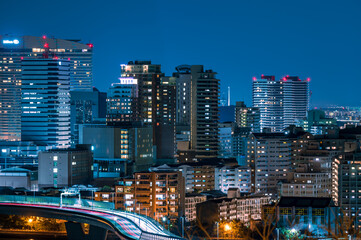 Obraz na płótnie Canvas 日本の地方都市、福岡市愛宕神社から望む夜景の美しいビル街の灯りと街並み