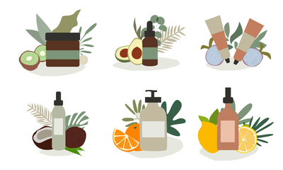 Organic cosmetics. Bottles, Plants, Fruits. Set of abstract vector illustrations