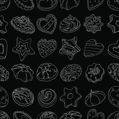 Vector seamless pattern: linear star, heart, round shape cookies . Chalk style line art white on black . Design for textile, wrapping paper, wallpaper.