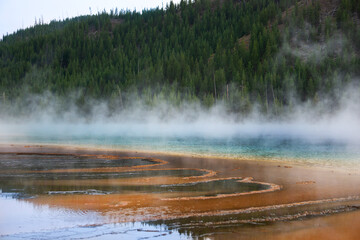 A side view of the Grand Prismatic Springs in Yellowstone National Park as steam is rising from the multi-colored waters.
