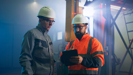 Male engineers discussing data on tablet on factory