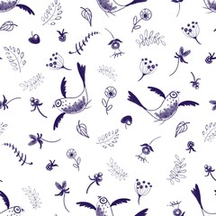 Seamless pattern with gentle silhouettes of plants and birds on white, abstract background 