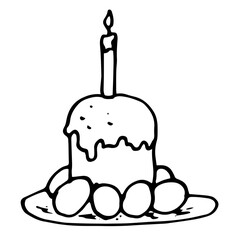 Vector isolated illustration of a symbol for Easter, a cake with a burning candle with eggs around, hand-drawn in doodle style, black line on a white background for postcard poster design template and