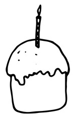 Vector isolated illustration of Easter symbol, cake with burning candle, hand-drawn in doodle style, black line on white background for design template