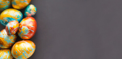 Handmade easter eggs on gray