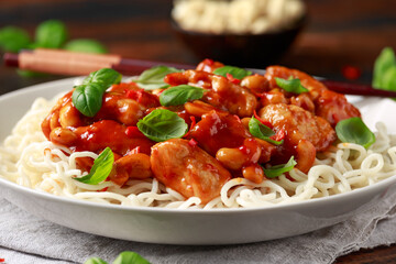 Sweet Chilli Chicken with noodles on wooden table. asian food