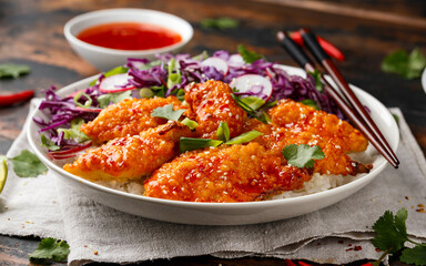 Korean Fried chicken with red cabbage salad and white rice. Asian food