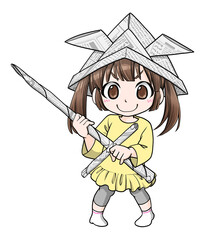 新聞紙で作った兜と剣を持つ女の子