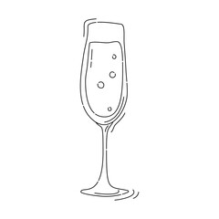 Champagne wineglass on white background. Cartoon sketch graphic design. Doodle style. Colored hand drawn image. Alcohol drink concept for restaurant, cafe, party. Freehand drawing style