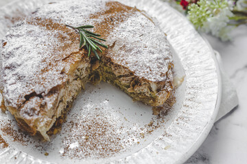 Homemade traditional moroccan pastilla or chicken bastilla