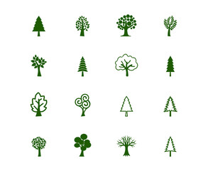 Flat vector trees set. Tree icons set in a modern Pictogram style and flat style.