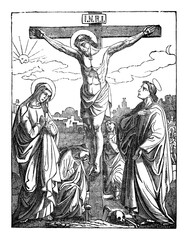 Fototapeta premium Crucified Jesus Christ dies on the cross. Crucifixion. Vintage antique drawing. Bible, New Testament.