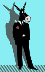 Cartoon illustration of funny donkey dressed up in black suit
