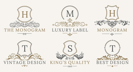 Retro Royal Vintage Shields Logotype set. calligraphyc Luxury logo design elements. Business signs, logos, identity, spa, hotels, badges