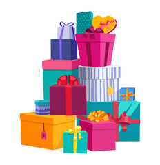 Colorful wrapped gift boxes. Beautiful present box with overwhelming bow. Gift box icon. Gift symbol. Gift box. Isolated illustration or icon