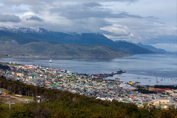 Fototapeta premium Ushuaia and the Beagle Channel in Tierra del Fuego in southern Argentina, South America. Ushuaia claims the title of southernmost city in the world.