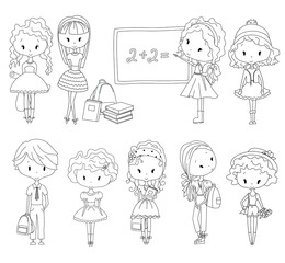 Adult Coloring book pupil. School children. Girls and boy. Schoolgirl Schoolboy
