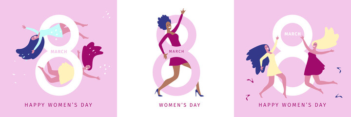 Obraz na płótnie Canvas Women's day. March 8. International women rights and femininity day. Greeting card, banner in the trendy style of flat design. Happy multicultural girls and eight. Vector illustration. Pastel colors.