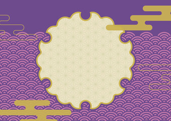 紫色の和柄背景フレーム【青海波】