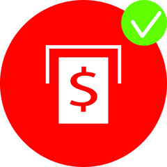 round red check icon white with dollar sign and green small circle at the top