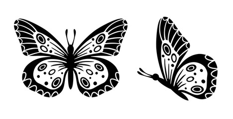 Fototapeta na wymiar Drawing butterfly. Stencil butterfly, moth wings and flying insects. Butterflies tattoo sketch, fly insect black hand drawn engraving. Isolated vector illustration icon