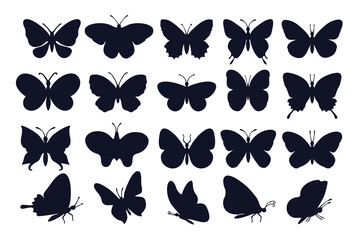 Butterflies silhouettes. Spring butterfly silhouette collection. Vector butterfly set. Different types of butterflies icons. Black isolated silhouettes on white background