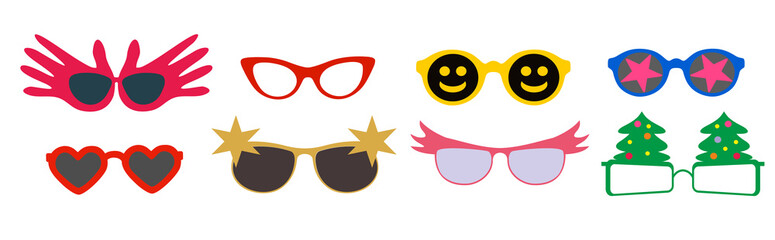 Carnival party masquerade costume glasses. Party colorful sunglasses icon set in flat style isolated on white background. Design templates. Vector illustration