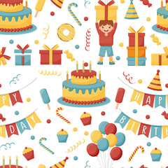 Birthday cream cakes, gift boxes, garlands flat vector seamless pattern. Hand drawn background for a party, holiday for children, festival. Party decorative items
