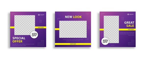 Set of Editable minimal square banner template.  yellow purple background color with geometric shapes for social media post and web internet ads. Vector illustration