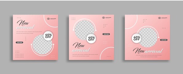 Set of Editable minimal square banner template.  Pink  background color with geometric shapes for social media post and web internet ads. Vector illustration