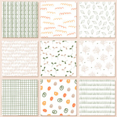 Spring gardening abstract and leaf patterns set in natural colors