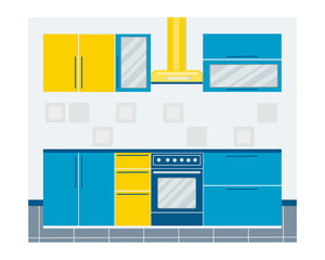 Modern kitchen interior with cupboards, side tables, stove, oven, extractor hood. Vector illustration in a flat style. Design for website, flyer, magazine, poster