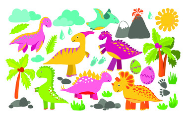 A set of cute dinosaurs in bright colors for printing on textiles and stickers. Drawing for a boy and a girl.