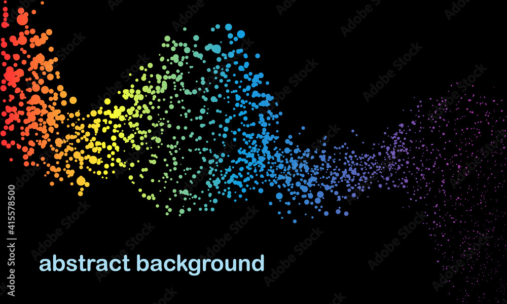 Poster abstract rainbow colors dots particles flowing wavy isolated on black background. vector illustratio