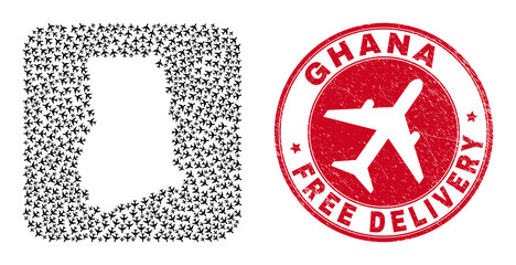 Vector collage Ghana map of aviation elements and grunge Free Delivery seal. Collage geographic Ghana map designed as stencil from rounded square shape using flying out airliners.