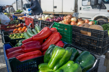 Local market of vegetables and organic food outdoors. Fresh products. Healthy lifestyle.