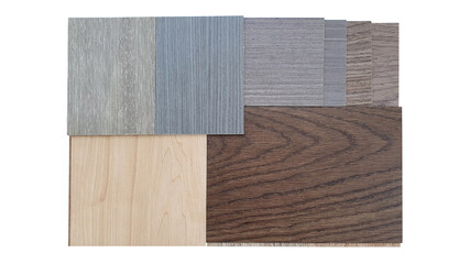 interior wooden surface material samples isolated on white background with clipping path. matching color and textured between wooden veneer and wooden laminated flooring. interior mood tone board.