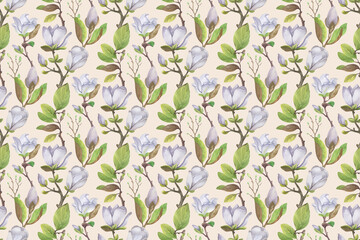 Collection of watercolor seamless patterns blooming magnolia and birds