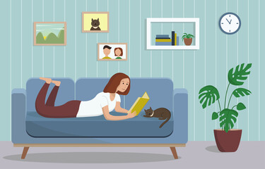 A young girl in the living room reads a book. A gray cat is sleeping nearby. Cozy modern living room in blue tones. Flat vector illustration