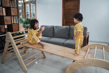 The little girl and her little sister sit on the board while playing together in the Pikler Triangle Toy in the living room background