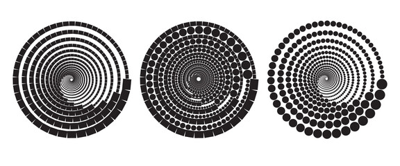 Black spiral dots and rectangles backdrop. Abstract monochrome background for any projects.