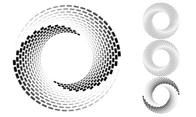 Set of gray spirals with rectangles over white backdrop. Abstract background for any projects. Yin and yang symbol. Differents spin and gradients in circles.