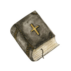 Watercolor Bible illustration. Book with cross. Religion, church, Bible study concept contemporary style design element isolated on white background