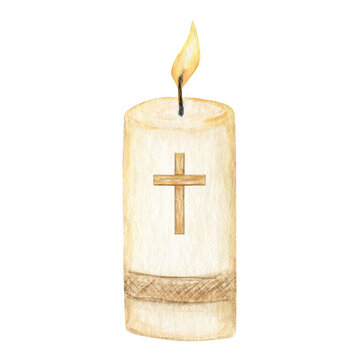 Religious Candle Flame Fire Light, Candle with cross, isolated on white background. Religious catolic christian holidays element