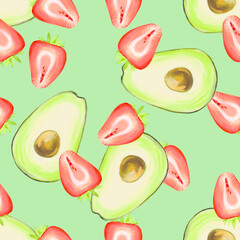 Seamless pattern with strawberries and avocado on a green background. Textured fruits for textiles and paper