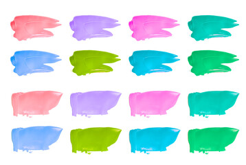 Vector colorful paint smear stroke stain set. Abstract textured art illustration. Acrylic Texture Paint Stain Illustration. Hand drawn brush strokes vector elements. Spring and summer colors.
