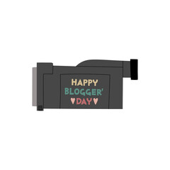 Lettering Happy Blogger' Day. Vector flat illustration with handwriting text on a camera isolated on white. Blogging, vlogging equipment