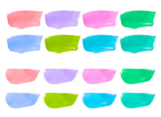 Vector colorful paint smear stroke stain set. Abstract textured art illustration. Acrylic Texture Paint Stain Illustration. Hand drawn brush strokes vector elements. Spring and summer colors.