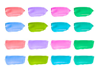Vector colorful paint smear stroke stain set. Abstract textured art illustration. Acrylic Texture Paint Stain Illustration. Hand drawn brush strokes vector elements. Spring and summer colors.